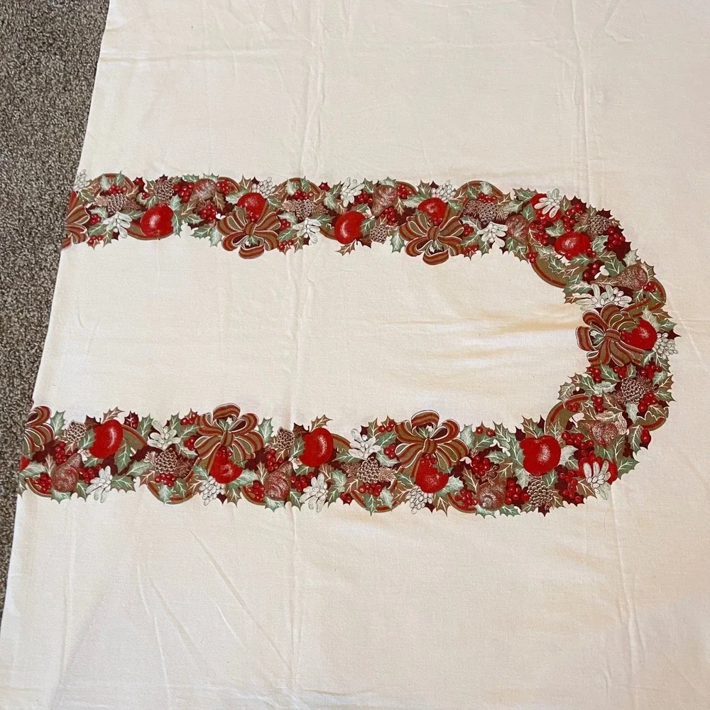 Vintage 50s Christmas Holiday Fruit Bow Holly Leaf Candy Cane Tablecloth‎ 60x96